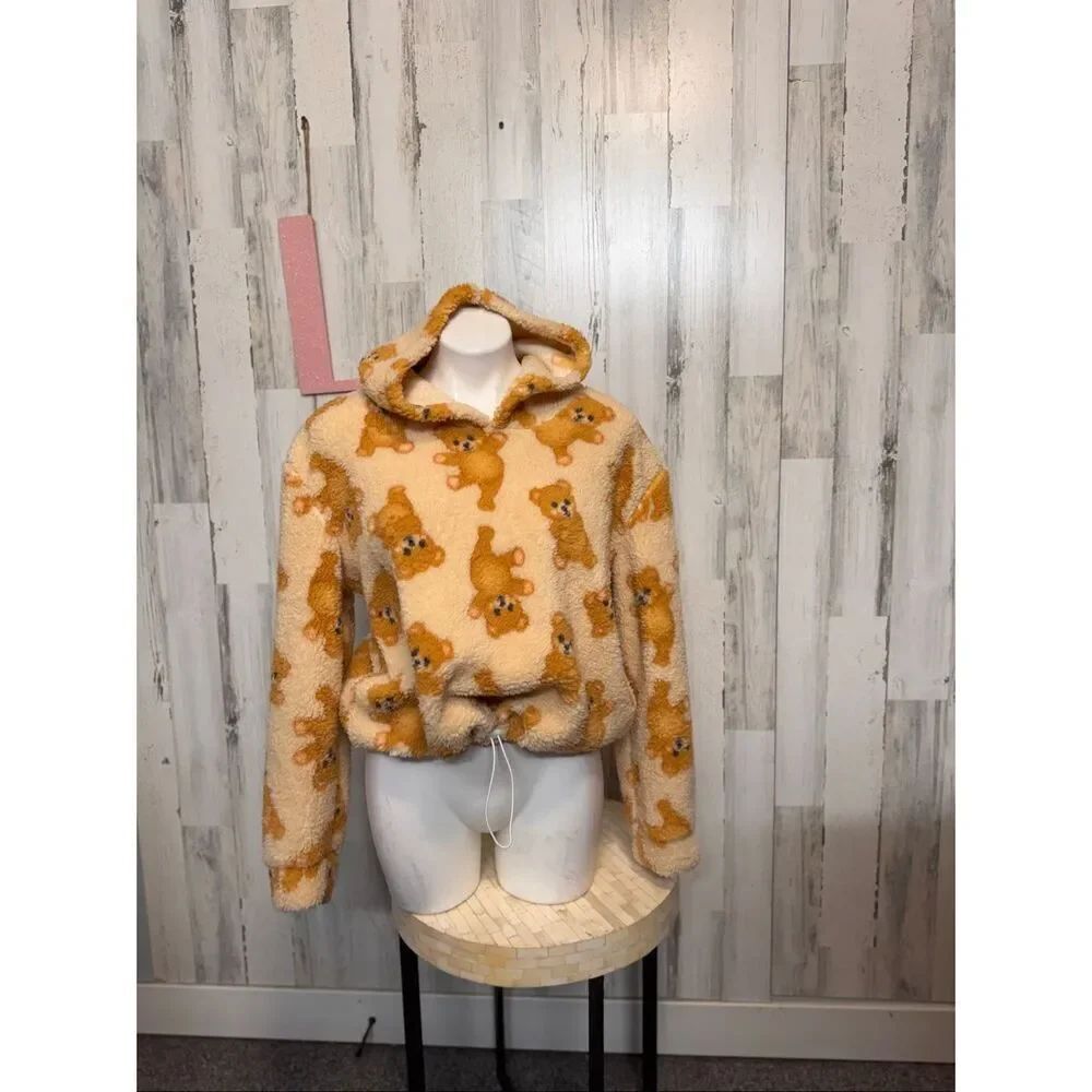 Be Storie Teddy Bear Sherpa Hoodie Cropped Pullover Size Large Cozy Cute